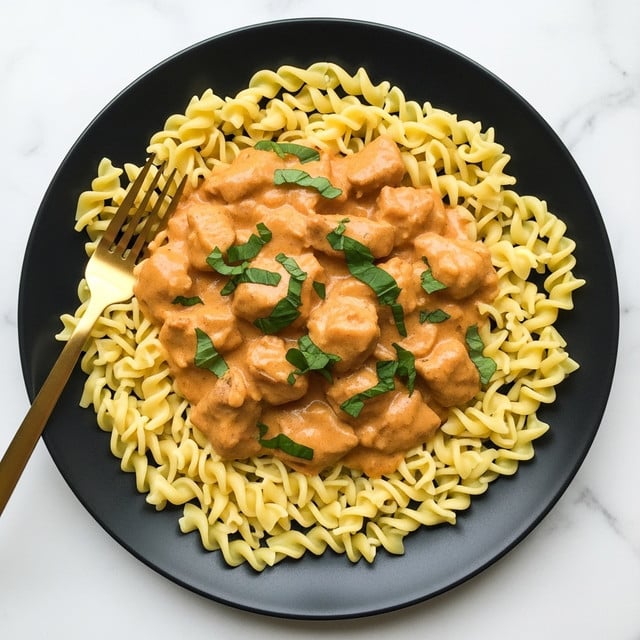 The dish shows a black plate filled with pale yellow egg noodles spread evenly in a circular layer at the bottom. On top, there is a generous, thick layer of creamy light orange sauce coating chunks of tender meat, with small green herb leaves scattered over the sauce for a fresh touch. A gold fork rests on the left edge of the plate, partially touching the noodles. The plate sits on a white marbled surface. Photo taken with an iphone --ar 4:5 --v 7