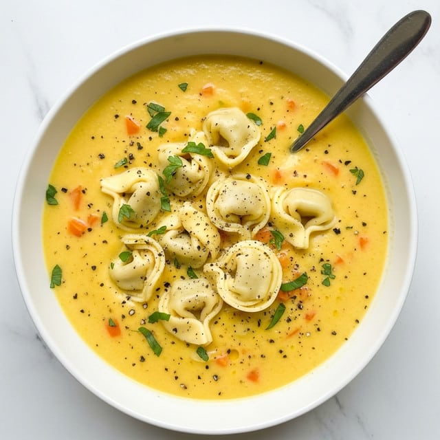 A white bowl filled with creamy orange soup, topped with five large, round ravioli pieces floating on the surface. The soup has a smooth texture with small bits of herbs and tiny chunks of what looks like tomato scattered throughout. A spoon is placed inside the bowl on the right side, dipping slightly into the soup. The background is a white marbled texture. photo taken with an iphone --ar 4:5 --v 7