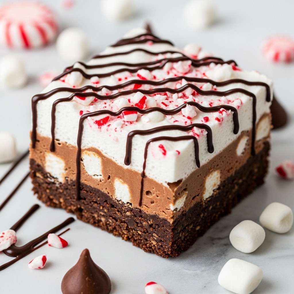 A close-up of a square piece of dessert with three visible layers, placed on a white marbled surface. The bottom layer is a thick, dense chocolate base with a slightly crumbly texture. The middle layer is a lighter brown chocolate fudge embedded with white marshmallows. The top layer is a thick layer of white marshmallows, covered with small red and white peppermint candy pieces. Thin lines of dark chocolate drizzle run across the top and sides, adding a decorative touch. Scattered around the dessert are small marshmallows, peppermint pieces, and a chocolate kiss. Photo taken with an iphone --ar 4:5 --v 7