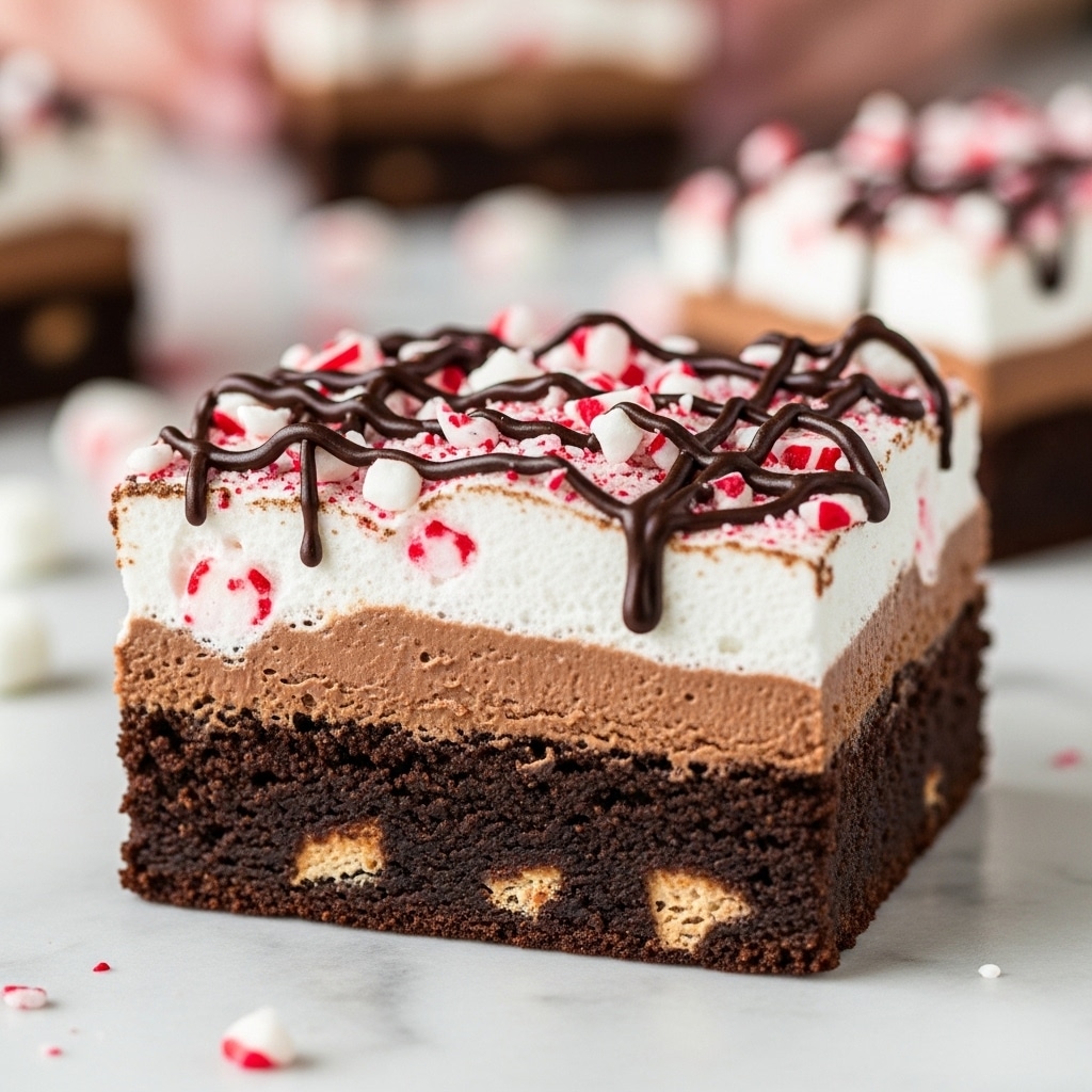 The image shows a square piece of dessert with three visible layers. The bottom layer is a dense, dark brown brownie base with a slightly crumbly texture. The middle layer is a lighter brown chocolate layer mixed with chunks of white marshmallow. The top layer consists of whole white marshmallows arranged closely together, sprinkled with small pieces of crushed peppermint candy with red and white stripes. The entire dessert is drizzled with thin lines of chocolate sauce on top and sides. It is placed on a white marbled surface with scattered bits of peppermint and marshmallow around it. Photo taken with an iphone --ar 4:5 --v 7