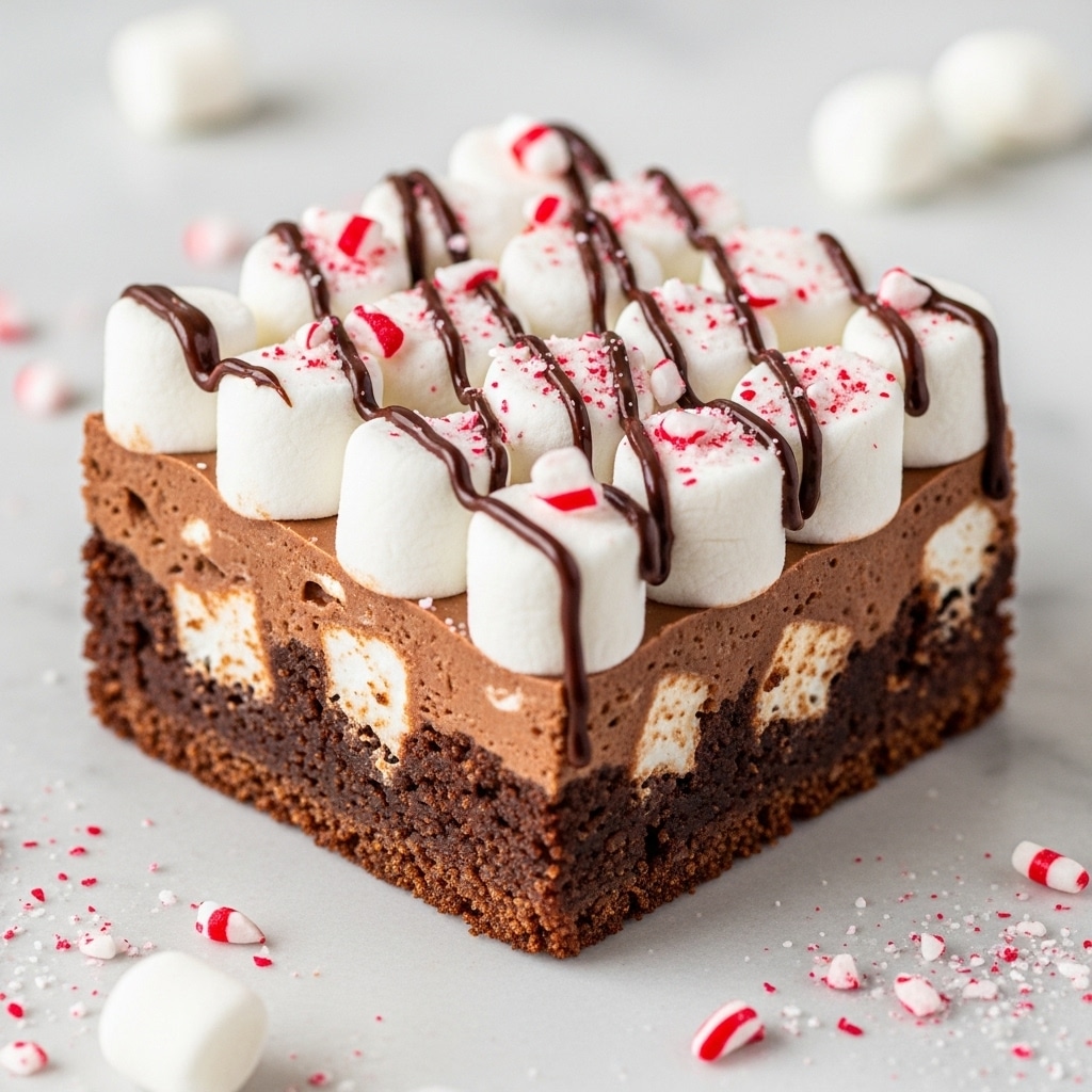 A close-up of a thick square brownie piece with three visible layers on a white marbled surface; the bottom layer is a dense, dark brown chocolate brownie with small bits of marshmallow mixed in, the middle layer is lighter brown chocolate filling with a creamy texture, and the top layer is a generous layer of white marshmallows mixed with crushed red and white peppermint pieces, all covered with thin drizzles of dark chocolate. Small pieces of peppermint and a woman’s hand can be seen holding another brownie piece in the blurry background. Photo taken with an iphone --ar 4:5 --v 7