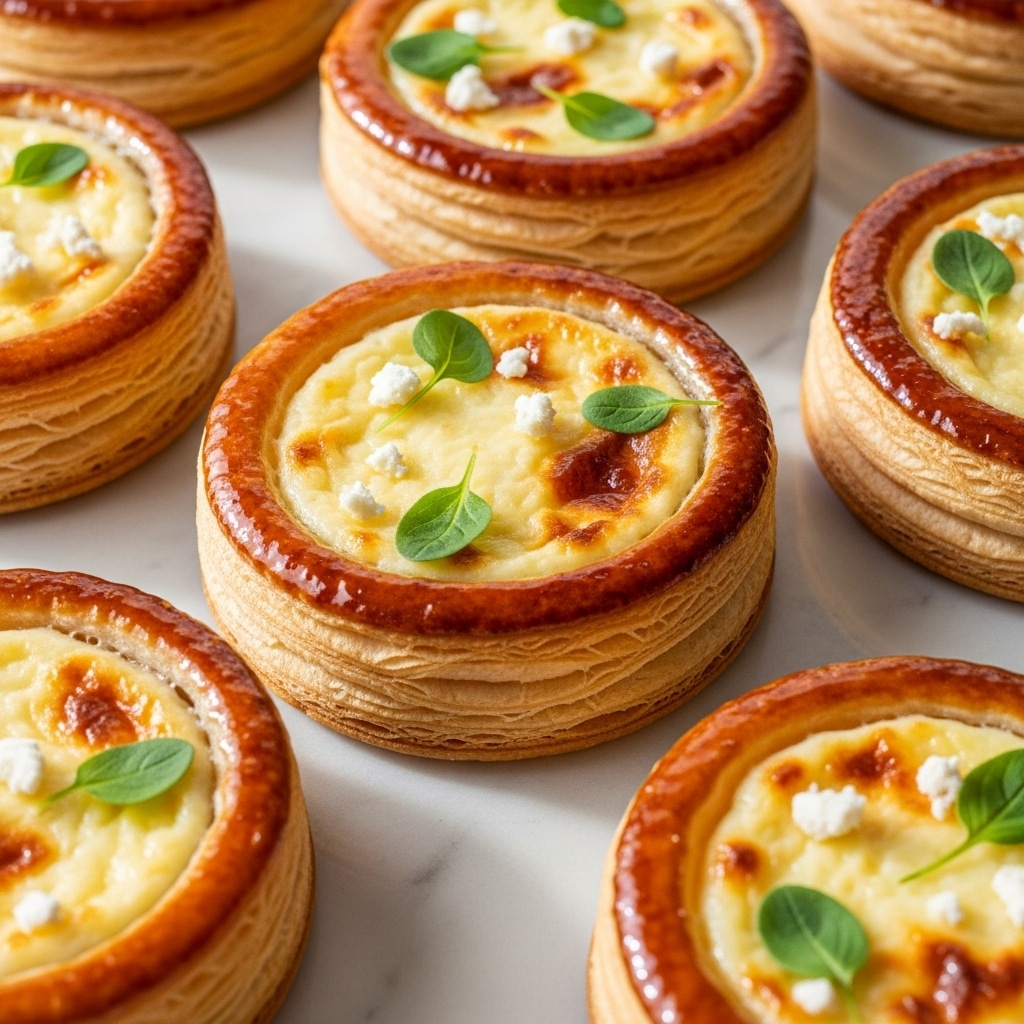 The image shows several round puff pastry tarts placed on a white marbled surface. Each tart has about three visible layers of golden-brown, flaky pastry with a glossy finish on top. In the center of each tart, there is a light layer of creamy white cheese filling, surrounded by the caramelized pastry edges. Small green herb leaves and tiny white crumbles are sprinkled on top, adding color contrast and texture. The tarts are arranged closely together, with soft natural light highlighting their shiny, crispy surface and fresh garnishes. Photo taken with an iphone --ar 4:5 --v 7