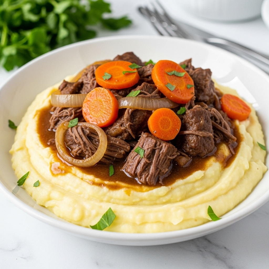 A white shallow bowl holds a dish with three main layers: the bottom layer is smooth, creamy mashed potatoes in a pale yellow color, serving as the base. On top of the mashed potatoes is a thick, glossy brown beef stew containing chunky dark brown shredded beef and soft translucent onion pieces. Scattered among the beef stew are bright orange carrot pieces, some sliced and some whole chunks, adding color contrast. The dish is garnished with small green herb leaves sprinkled on top. The bowl sits on a white marbled surface, and parts of fresh green herbs and silver forks are visible in the background. photo taken with an iphone --ar 4:5 --v 7