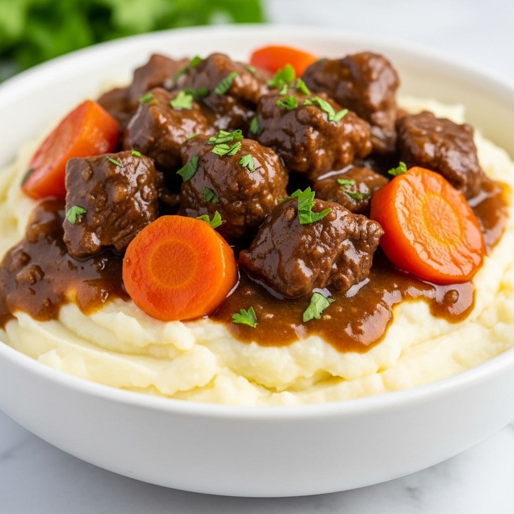 A close-up of a white bowl filled with a thick layer of creamy, fluffy mashed potatoes at the bottom, topped with a rich, brown beef stew that contains chunky pieces of tender meat and bright orange carrot slices coated in a glossy brown gravy, sprinkled with finely chopped fresh green herbs on top, sitting on a white marbled texture surface with some green herbs blurred in the background. photo taken with an iphone --ar 4:5 --v 7