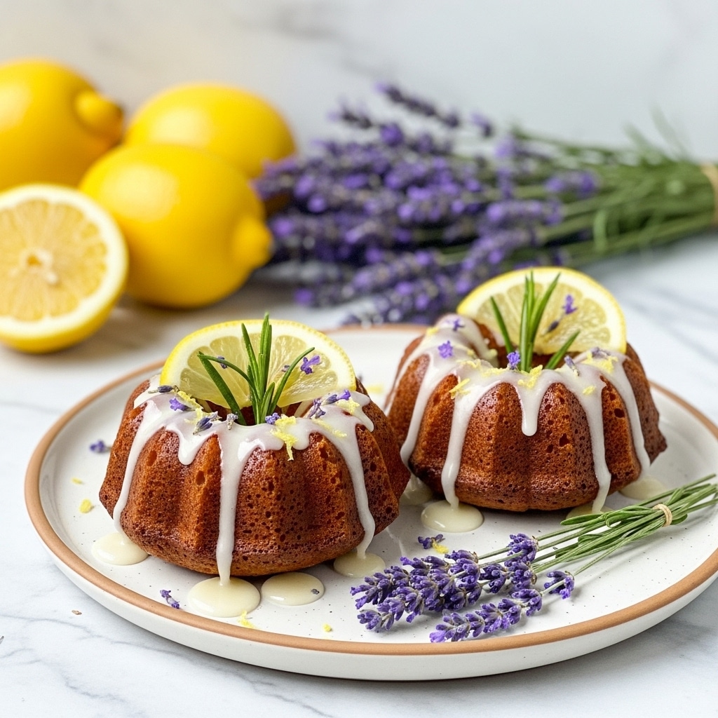 Two small round bundt cakes with a golden-brown crust sit side by side on a white plate with a light brown rim. Each cake is drizzled with a shiny white glaze that drips down the sides and pools on the plate. On top of each cake, there are small lemon wedges and green rosemary sprigs, with tiny purple lavender flowers scattered around and on the cakes. Next to the cakes on the plate, there are bunches of lavender sprigs. In the background, whole yellow lemons and more lavender flowers are softly blurred against a white marbled texture surface. Photo taken with an iphone --ar 4:5 --v 7