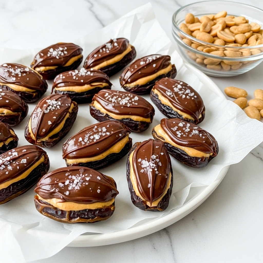 The image shows about 15 dates cut in half and topped with smooth, glossy dark chocolate spread, each sprinkled lightly with coarse salt flakes. The dates have a rich dark brown color with the creamy, light tan peanut butter layer visible between the fruit and chocolate. They are placed on white parchment paper that lines a white plate, set against a white marbled surface. To the side, there is a clear glass bowl filled with salted peanuts. The overall look is neat, with shiny chocolate catching the light, contrasting with the soft texture of the dates and the crunchy peanuts nearby. photo taken with an iphone --ar 4:5 --v 7