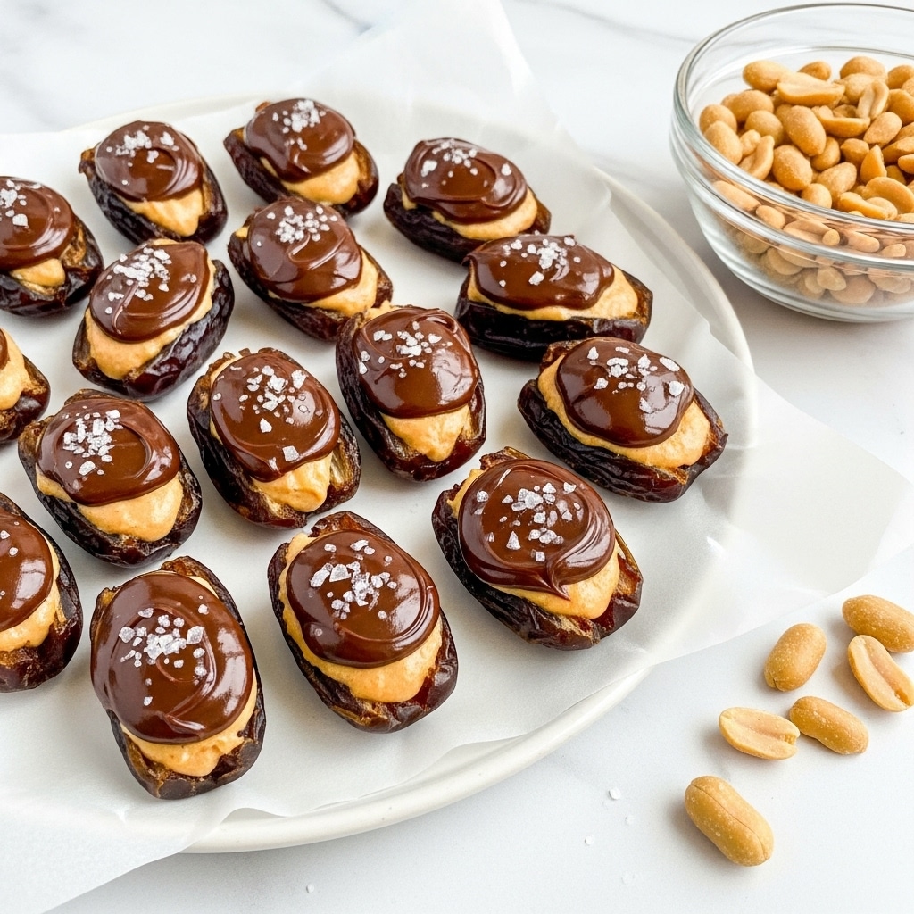 The image shows several small date halves arranged on a piece of white parchment paper on a white plate. Each date is filled with a light brown peanut butter layer in the middle, topped with a thick layer of glossy dark chocolate spread that has a smooth, slightly swirled texture. Some pieces have small white salt flakes sprinkled on top of the chocolate. To the side, there is a clear glass bowl with more peanut butter visible inside and another clear bowl with a mix of peanuts. The whole setup rests on a white marbled surface. photo taken with an iphone --ar 4:5 --v 7