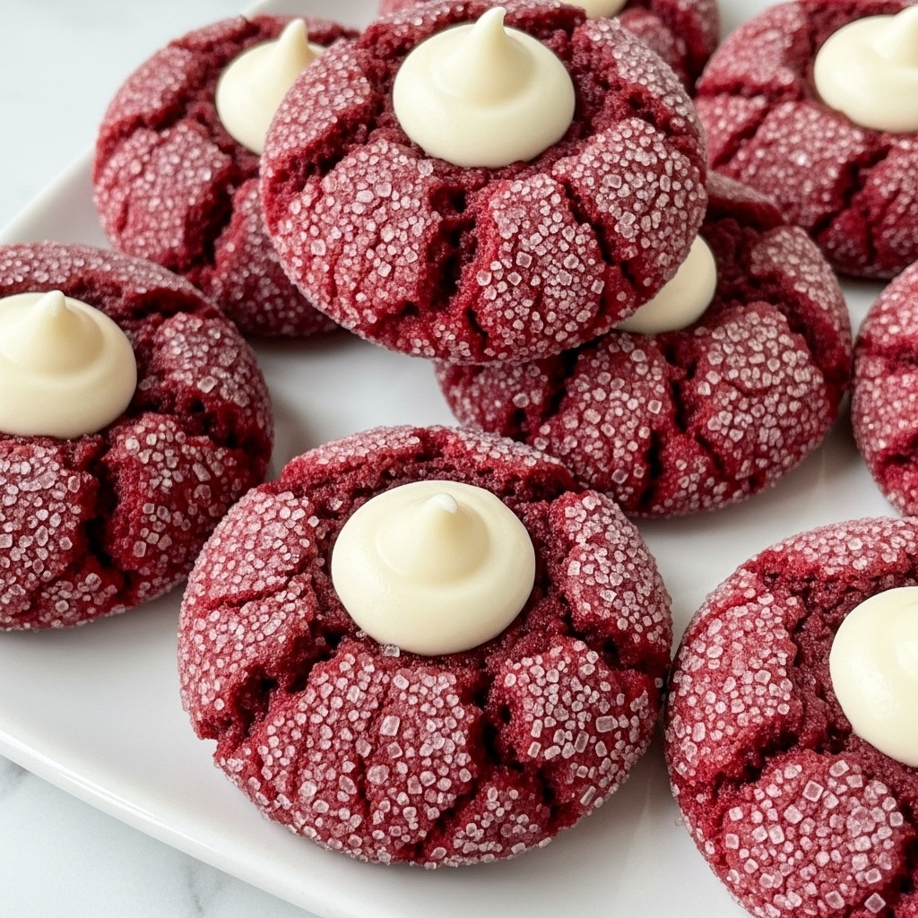 A close-up view of several deep red cookies on a white plate, each cookie having a rough, sugary outer layer coated in large sugar crystals that sparkle. The cookies have a cracked surface with a dimple in the center filled with a smooth, creamy white dollop of frosting or cream, having a soft peak at the top. The cookies are clustered closely together, showcasing their round shape and textured surface, all set against a white marbled texture. photo taken with an iphone --ar 4:5 --v 7
