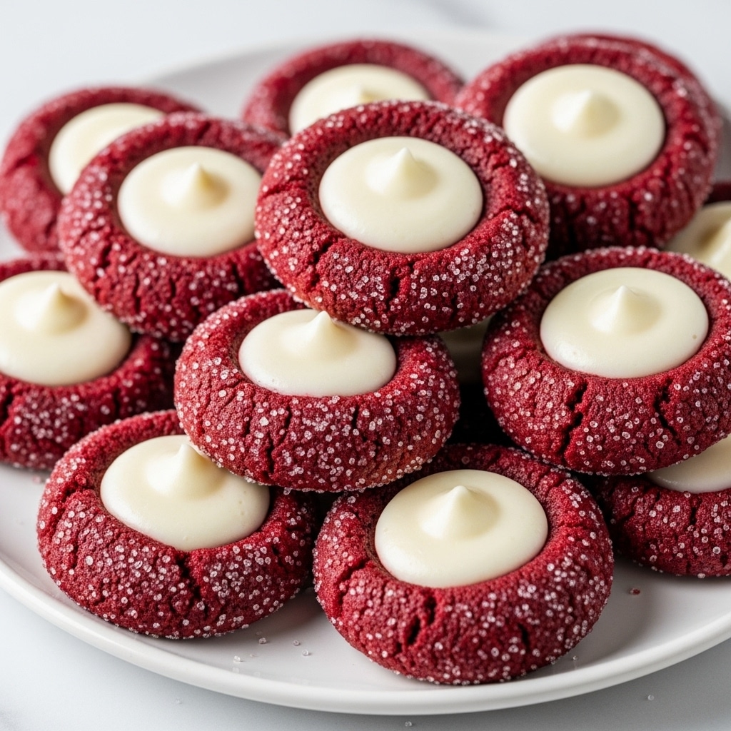The image shows a close-up of several red velvet thumbprint cookies arranged on a white plate. Each cookie has a deep red, soft and crumbly base covered lightly with sparkling granulated sugar. At the center of each cookie is a smooth, creamy white layer of frosting or filling, slightly peaked in the middle, creating a contrast with the darker red cookie. The cookies are piled together, filling most of the plate, which sits on a white marbled surface. photo taken with an iphone --ar 4:5 --v 7
