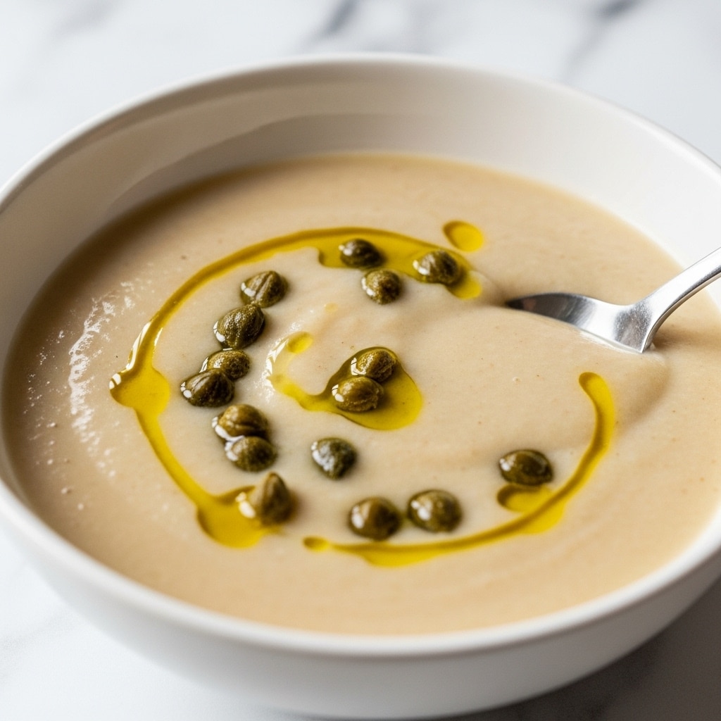 A close-up view of a creamy soup served in a white bowl, showing a thick, smooth texture with a pale beige color. The soup is topped with small green capers scattered on the surface and a drizzle of golden olive oil, giving a shiny contrast. A spoon is dipped into the soup, partially visible, adding depth to the scene. The background features a clean white marbled surface, creating a bright and fresh atmosphere. photo taken with an iphone --ar 4:5 --v 7