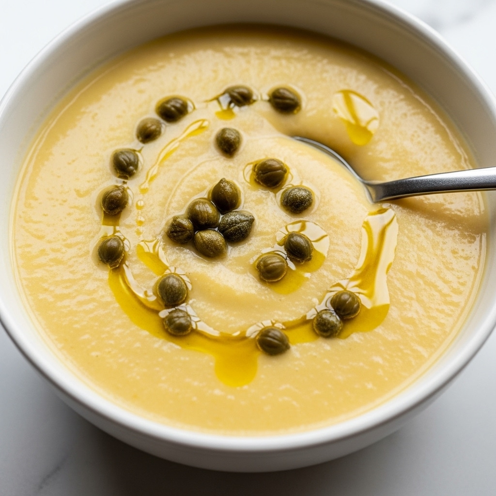 A close-up view of a bowl filled with creamy soup that has a smooth, thick texture in a pale yellow color. The soup is dotted generously with small green capers that give a pop of dark green color across the surface. There is a drizzle of golden oil on the top that catches the light, adding a shiny effect. A spoon is placed inside the bowl, partially submerged in the soup. The bowl is white and rests on a white marbled surface. photo taken with an iphone --ar 4:5 --v 7