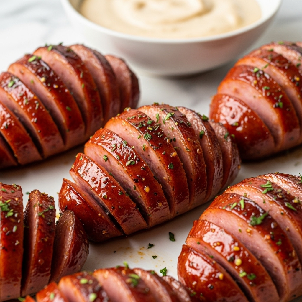 The image shows many pieces of grilled sausage cut into thick slices, some sliced partially through to create a layered fan effect. The sausages have a rich reddish-brown color with a shiny, slightly charred glaze and bits of seasoning and chopped herbs scattered on top. The pieces are piled closely together on a white marbled surface, and in the top left corner, there is a wooden bowl filled with a creamy light-colored dipping sauce. The overall look is warm, textured, and appetizing, highlighting the juicy and slightly crispy sausage exterior. Photo taken with an iphone --ar 4:5 --v 7