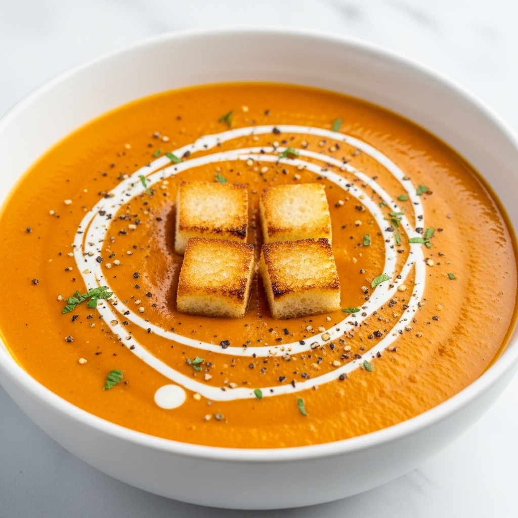 A close-up image of a white bowl filled with thick, smooth orange creamy soup, topped with four golden-brown toasted bread cubes placed in the center. The soup surface has a swirl of white cream in a loose spiral shape and is sprinkled with small black pepper flakes and tiny green herb pieces. The bowl sits on a white marbled surface, creating a clean and bright background. photo taken with an iphone --ar 4:5 --v 7