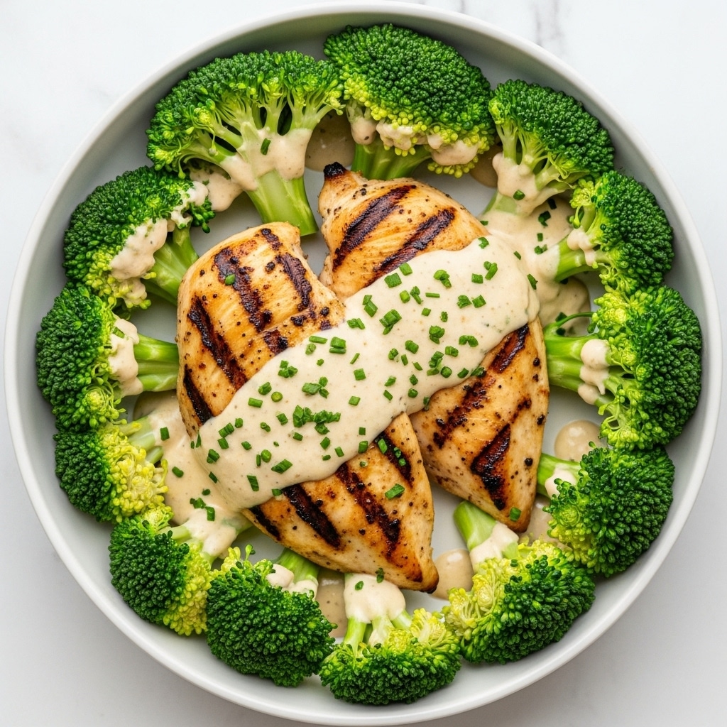 A white bowl filled with bright green broccoli pieces arranged around the edge. In the center, there are two grilled chicken breasts with clear char lines, showing a golden brown color. The chicken is covered with a creamy, light-colored sauce sprinkled with finely chopped green herbs. The broccoli looks fresh and slightly steamed, maintaining a vibrant green. The sauce has a smooth, slightly thick texture flowing over the chicken but not pooling excessively. The background is a white marbled texture. photo taken with an iphone --ar 4:5 --v 7