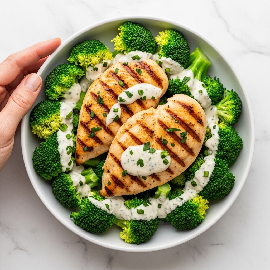 A white bowl filled with bright green broccoli florets at the base, topped with two large grilled chicken breasts that have visible grill marks and a lightly browned texture. Over the chicken, there is a creamy white sauce drizzled evenly, speckled with fresh green herbs. A woman's hand is gently holding the edge of the bowl, and the whole scene is set on a white marbled surface, giving a clean and fresh look. photo taken with an iphone --ar 4:5 --v 7