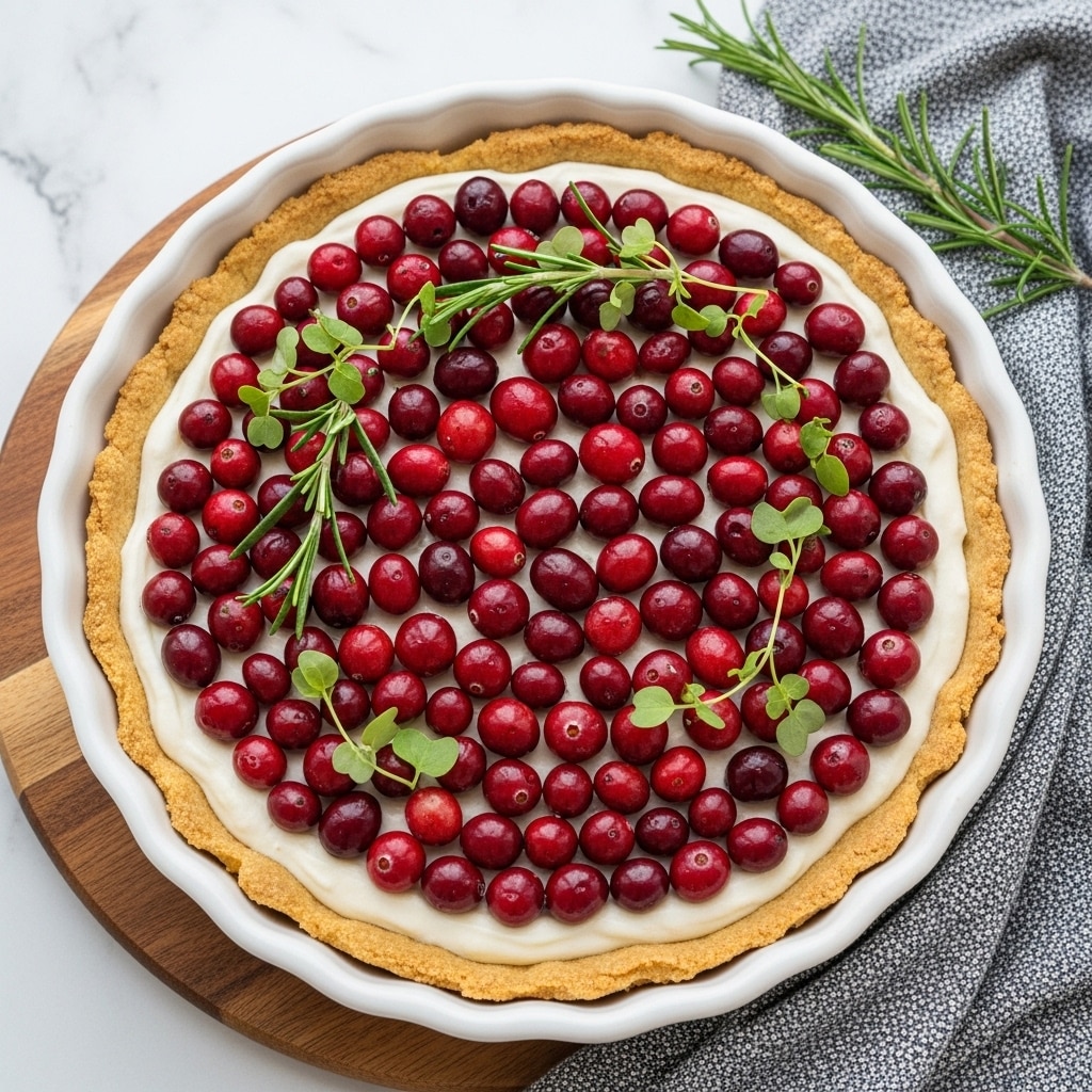 A tart is shown in a white scalloped ceramic dish, with a golden-brown crust base. The middle layer is creamy and white, topped with glossy, bright red cranberries scattered evenly across the surface. A few sprigs of fresh green rosemary and tiny green herbs are placed on top, adding color contrast. The tart sits on a wooden board with a textured gray cloth beside it, all set on a white marbled surface. Photo taken with an iphone --ar 4:5 --v 7