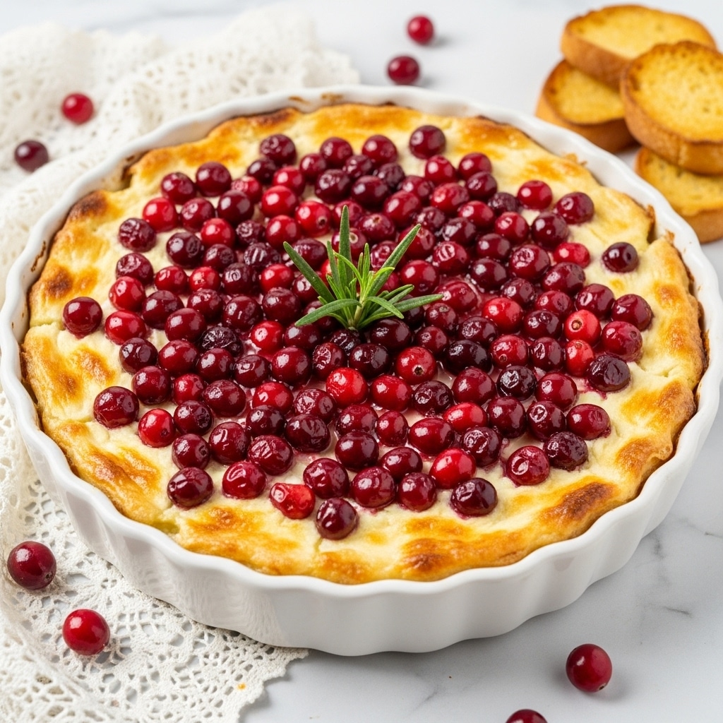 A white fluted ceramic dish holds a creamy, baked layer of white cheese topped with a glossy layer of bright red cranberries scattered all over. The crust around the edges is golden brown and slightly puffed. On top of the cranberries, a sprig of fresh green rosemary sits in the center, adding a pop of color and texture. Around the dish, a white lace cloth and a few loose cranberries rest on a white marbled surface, with some golden toasted bread slices nearby. Photo taken with an iphone --ar 4:5 --v 7