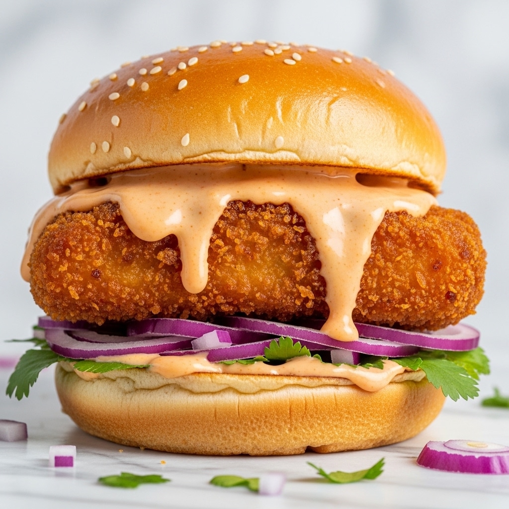 A close-up of a sandwich with three layers: the top soft bun is light golden with a few sesame seeds, below it is a thick, crispy fried fish fillet with a shiny, golden-brown crust, covered in creamy orange sauce that drips down the sides; under the fish are chopped red onions adding a pop of purple color, and some green herbs at the bottom peeking out from the sandwich; the bottom bun is soft and slightly toasted, holding the layers together, all placed on a white marbled surface with some scattered onions and herbs. photo taken with an iphone --ar 4:5 --v 7