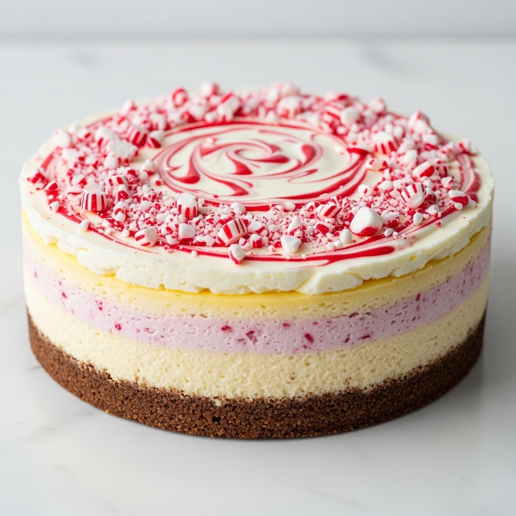 A round cheesecake with three visible layers sits on a white marbled surface. The bottom layer is a thick, crumbly brown crust, firm and slightly textured. Above this is a thick layer of creamy, pale yellow cheesecake filling, smooth with faint speckles inside. The top layer is creamy white frosting swirled with thin red streaks that create a marbled effect across the surface. Scattered generously on top are crushed pieces of red-and-white peppermint candy, adding a rough texture and bright spots of color. The whole cake looks rich and festive. photo taken with an iphone --ar 4:5 --v 7