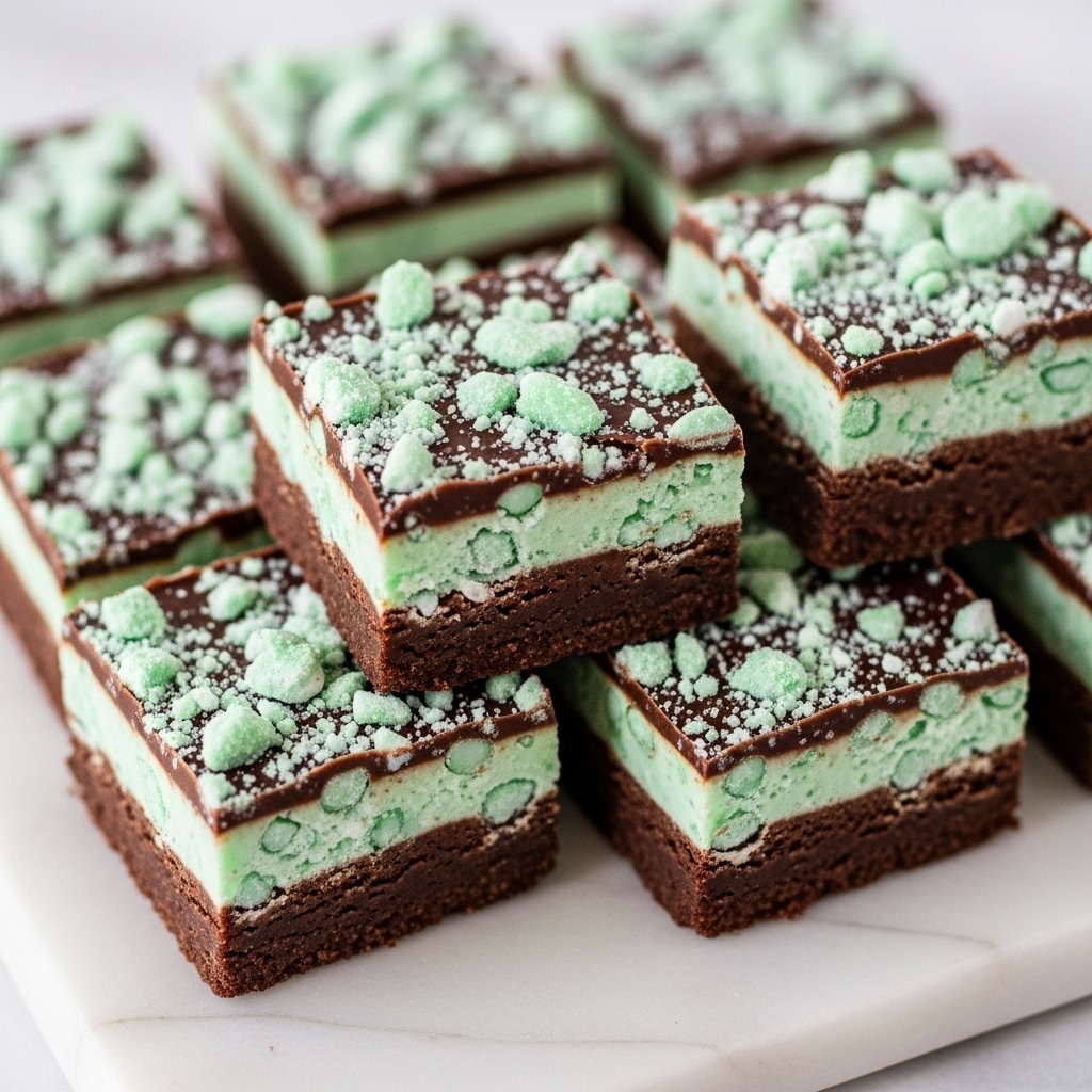 A close-up image shows thick square pieces of chocolate fudge stacked neatly on a white marbled surface. Each piece has two visible layers: the bottom layer is smooth, dark brown chocolate, and the top layer is a slightly lighter chocolate shade. The top of each piece is sprinkled with small, uneven chunks of crushed mint chocolate, adding a mix of light green and brown colors to the texture. The squares have clean, sharp edges, and the overall image has a soft light highlighting the shine on the chocolate. Photo taken with an iphone --ar 4:5 --v 7