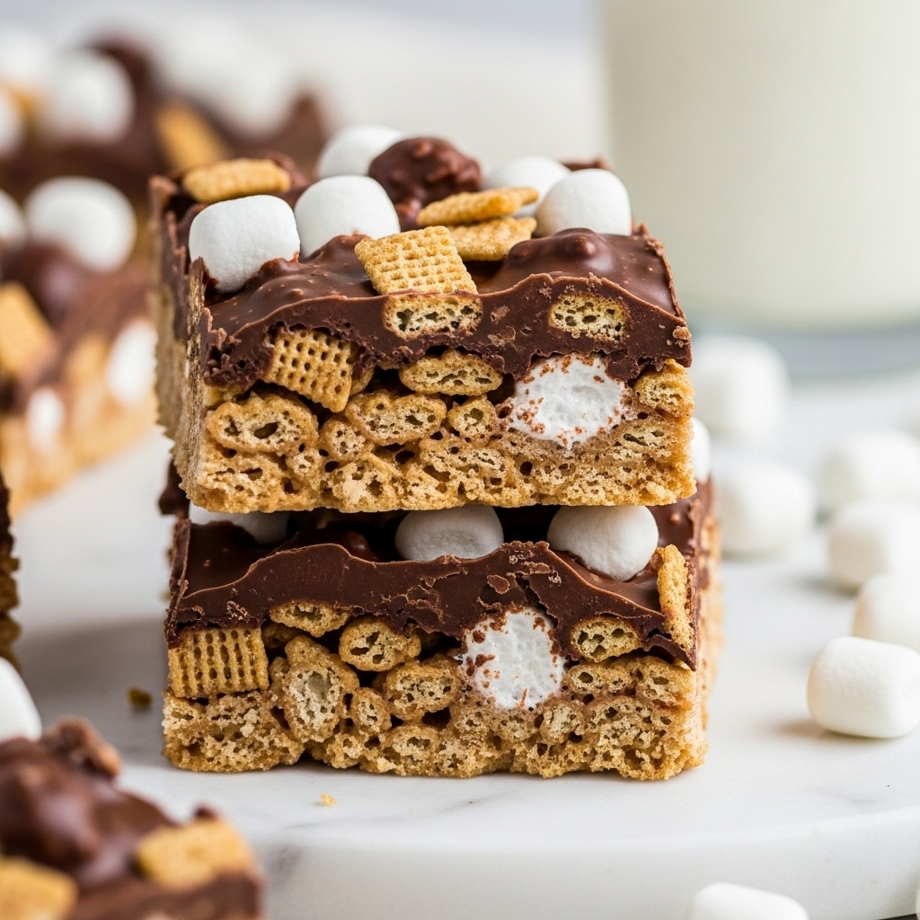A stack of three square chocolate dessert bars is shown, each bar made of a base layer covered with a thick layer of milk chocolate, topped with square cereal pieces coated in chocolate and small white marshmallows scattered on top and between the cereal. The bars have a rough texture, with melted chocolate dripping slightly on the edges. They are placed on small white parchment paper, sitting on a white marbled surface. In the background, there is a clear glass filled with milk, next to a few loose marshmallows and cereal pieces. Photo taken with an iphone --ar 4:5 --v 7