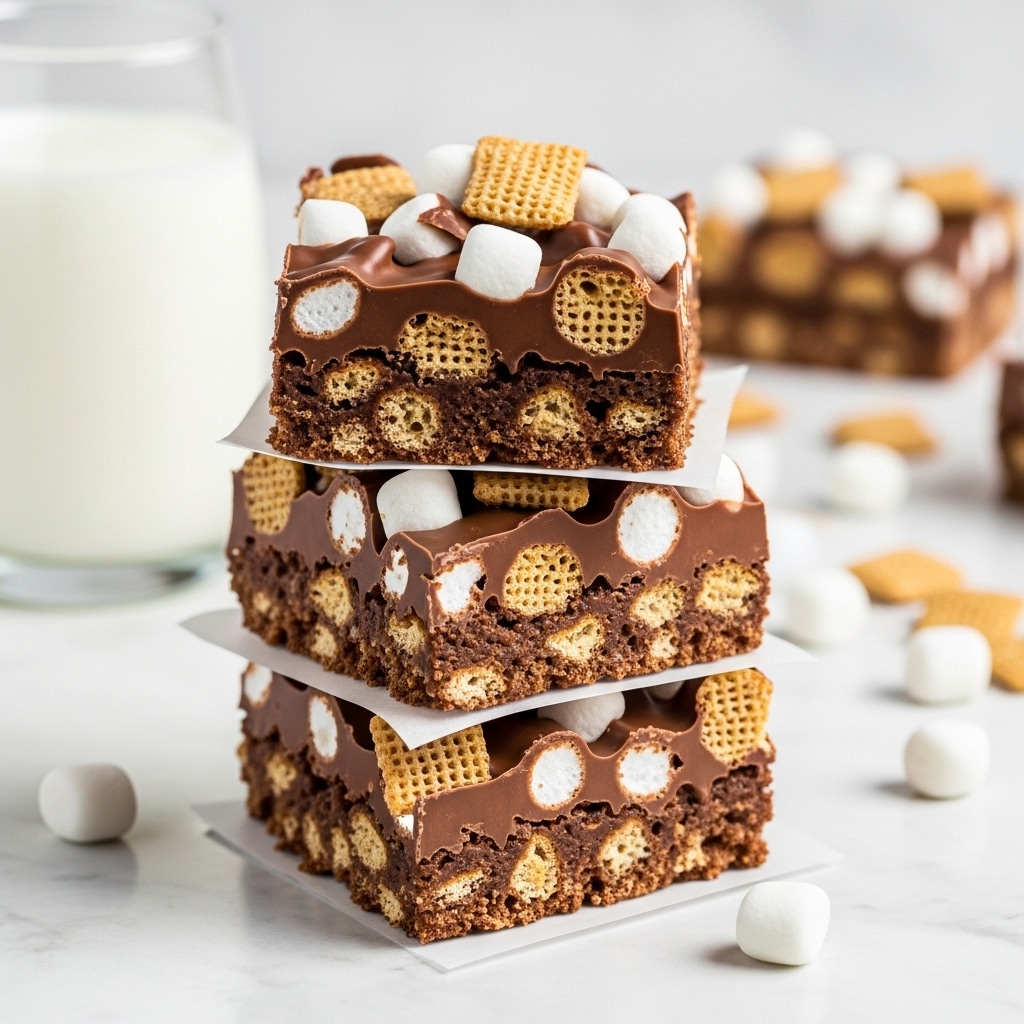 The image shows a close-up of two stacked chocolate dessert bars on a white marble surface. The top bar is covered with a thick layer of melted chocolate that coats crunchy cereal pieces and small white marshmallows, creating a rough and textured surface with a mix of shiny and matte areas. The cereal pieces vary in golden brown color and add a crunchy look, while the marshmallows are soft and white, scattered unevenly on top. In the background, there is a glass of milk and more marshmallows nearby, adding to the cozy and sweet atmosphere. Photo taken with an iphone --ar 4:5 --v 7