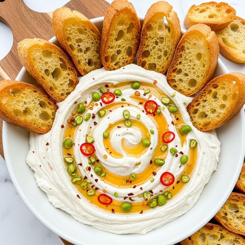 A white bowl filled with a creamy white spread that is swirled smoothly in the center, topped with small green crushed nuts and a drizzle of golden honey, with a few red chili flakes scattered on top. Around the spread are golden brown toasted crostini slices standing upright and lying flat, showing a crunchy texture and airy holes inside. The bowl is set on a white marbled surface showing part of a wooden board underneath. photo taken with an iphone --ar 4:5 --v 7