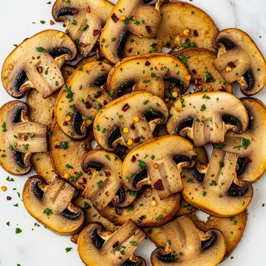 The image shows a close-up of sautéed mushrooms with a glossy texture, piled in a white bowl. The mushrooms are golden brown with some darker seared edges, mixed with small green herb pieces and red chili flakes scattered on top. The mushrooms' smooth and slightly wrinkled surface contrasts with the scattered seasoning, all set on a white marbled surface. photo taken with an iphone --ar 4:5 --v 7