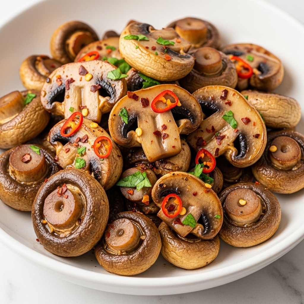 The image shows a close-up view of sautéed mushrooms, sliced thickly and cooked to a golden brown with a slight shine from oil or butter. The mushrooms are layered unevenly, with some pieces overlapping each other, revealing soft, juicy textures and a light sprinkling of green herbs and red pepper flakes scattered throughout for color contrast. The background is a white marbled texture, which makes the warm colors of the mushrooms stand out vividly. Photo taken with an iphone --ar 4:5 --v 7