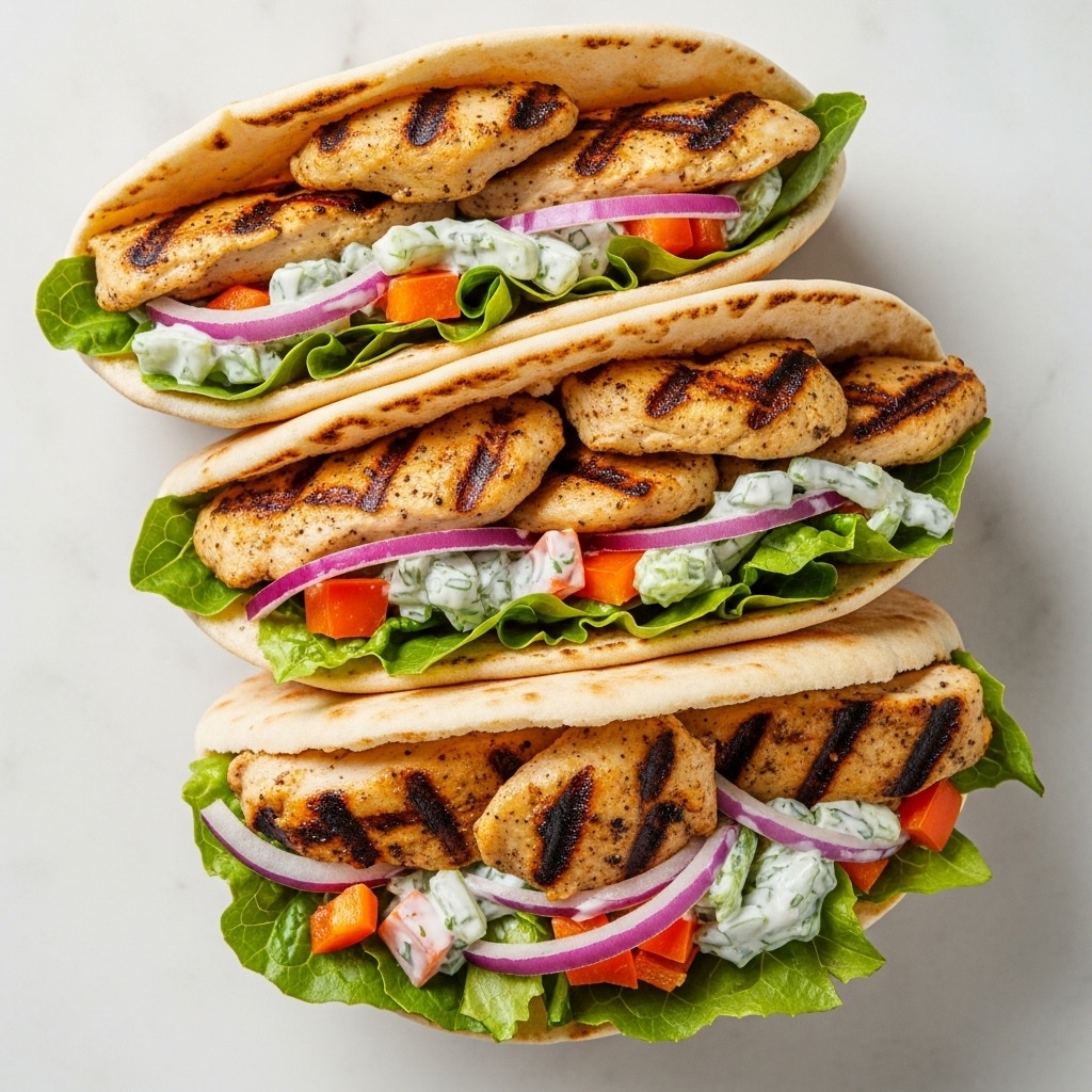 The image shows three grilled chicken tacos placed side by side. Each taco has a slightly browned soft tortilla folded over a generous filling. The filling starts with a layer of fresh shredded lettuce mixed with small pieces of chopped orange bell pepper and thin slices of onion, all coated in a creamy white sauce with green herbs mixed in. On top of the lettuce, there are tender pieces of grilled chicken with a golden brown crust and visible seasoning. The tacos rest on a white marbled surface, and the photo is taken close-up to show the textures clearly. Photo taken with an iphone --ar 4:5 --v 7