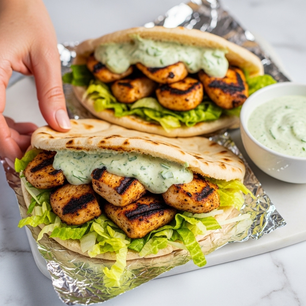 The image shows two pita sandwiches filled with grilled chicken pieces that are golden brown and slightly charred, layered with shredded lettuce that is light green and fresh, and topped with a creamy green sauce. The pitas are soft and slightly browned, folded over the filling, resting on crumpled foil on a white marbled surface. A small white bowl with a similar creamy green sauce is partially visible to the side. A woman's hand is reaching toward one of the sandwiches. Photo taken with an iphone --ar 4:5 --v 7