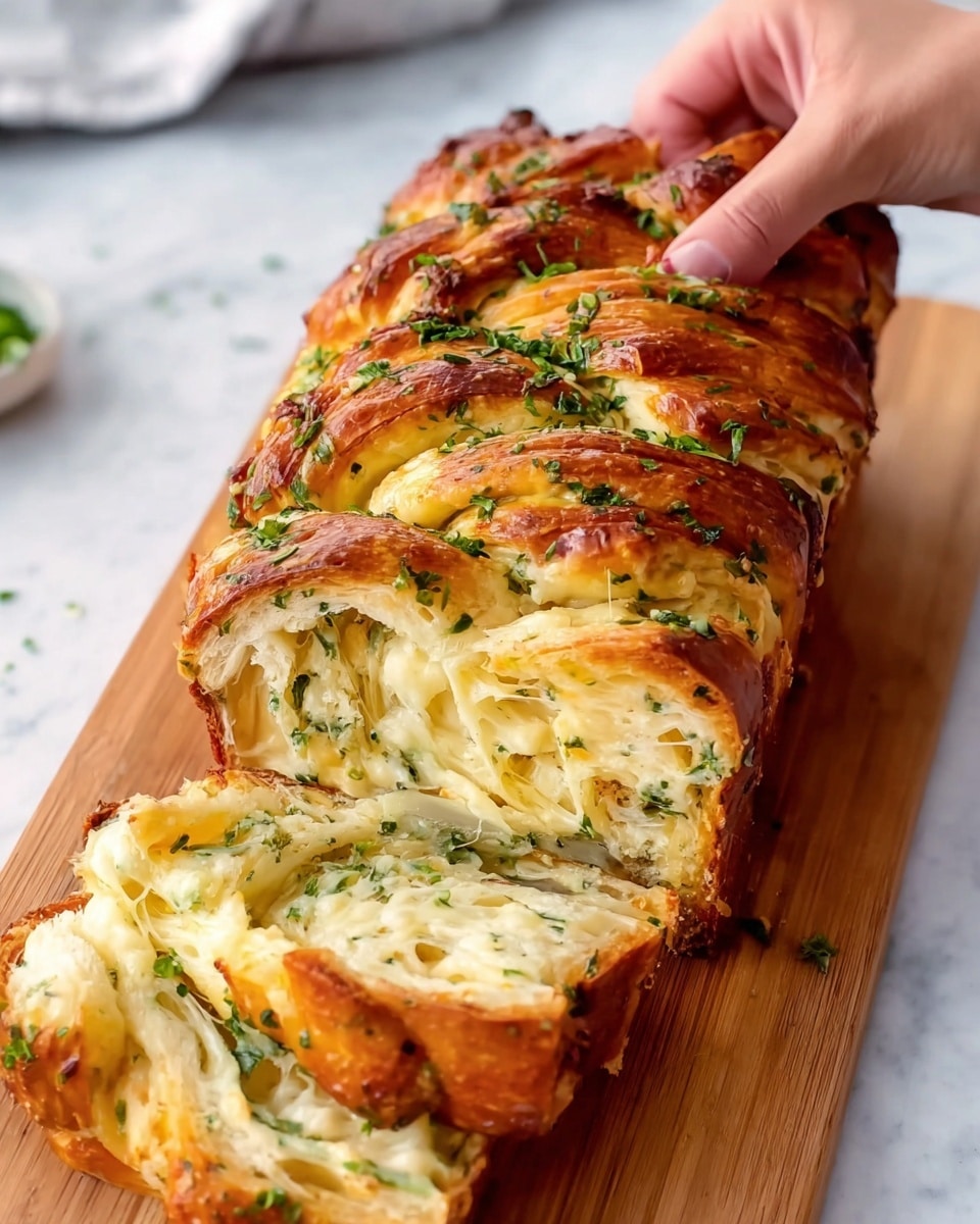A golden brown braided bread loaf sits on a wooden board over a white marbled surface, with a woman’s hand pulling apart one slice from the loaf's soft, cheesy layers filled with green herbs. The bread has a shiny, crisp crust with finely chopped green herbs sprinkled on top, while inside it reveals multiple layers of white, fluffy bread interspersed with melted cheese and bits of herbs. The slice being pulled clearly shows the creamy, melted cheese texture embedded within the airy bread, and the whole scene is bright and inviting. Photo taken with an iphone --ar 4:5 --v 7