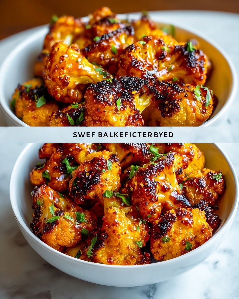A white bowl filled with several pieces of baked cauliflower, each piece showing a rich golden-brown color with darker charred spots adding texture, coated in a glossy sweet and spicy sauce, and sprinkled with small green herbs scattered on top for a fresh contrast; the cauliflower pieces have tightly packed, bumpy surfaces and slightly translucent stems, all sitting on a white marbled surface. photo taken with an iphone --ar 4:5 --v 7