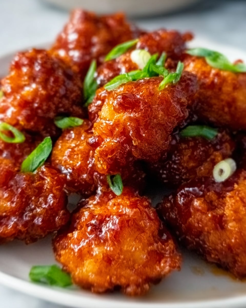 A close-up of several golden-brown, crispy fried chicken pieces covered in a glossy, sticky reddish-orange sauce, topped with small green onion slices scattered on top. The texture of the sauce looks thick and shiny, clinging to the chicken with some pieces showing light crispy edges. The chicken is arranged closely together on a white plate, placed on a white marbled surface. Photo taken with an iphone --ar 4:5 --v 7