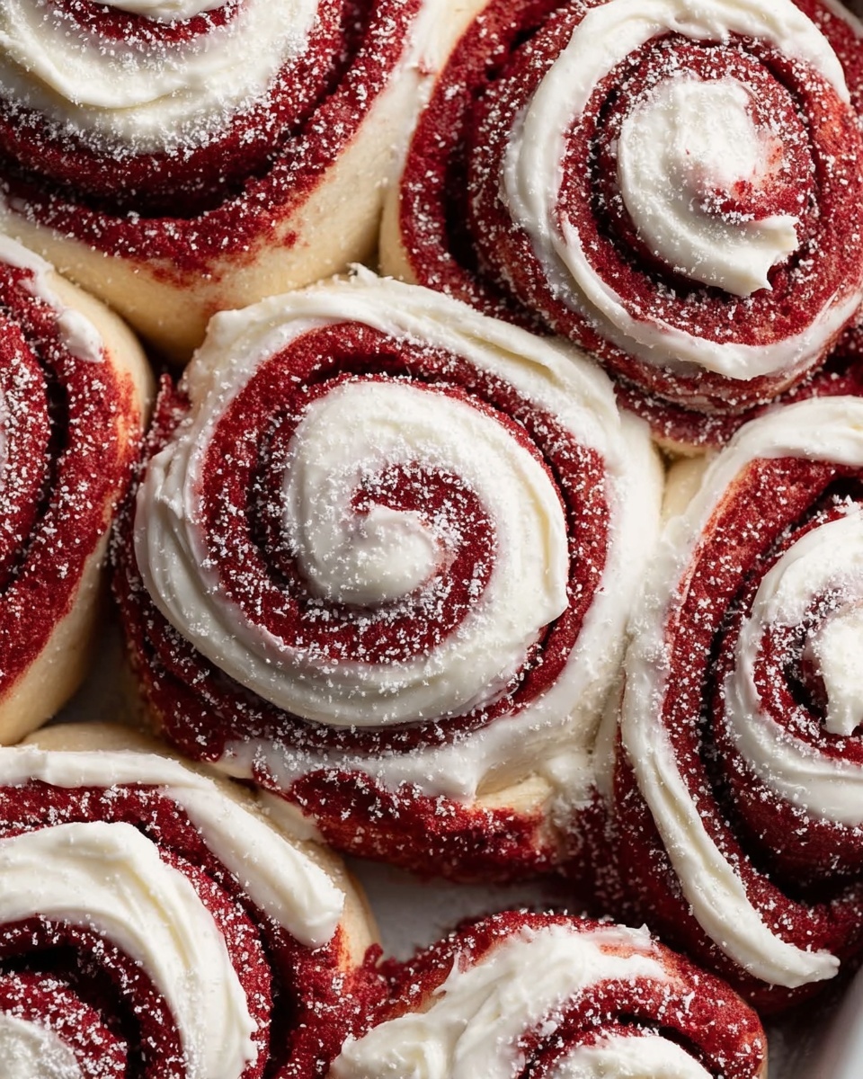The image shows a close-up of soft, freshly baked cinnamon rolls arranged tightly in a white baking pan. Each roll has multiple visible layers, starting with a light brown dough base, followed by a thick swirl of deep red cinnamon filling, and topped with creamy white icing drizzled in a spiral pattern. There is a light dusting of powdered sugar scattered across the rolls, adding a delicate white texture on the icing and red filling. The background is a white marbled texture that contrasts gently with the warm tones of the rolls. Photo taken with an iphone --ar 4:5 --v 7
