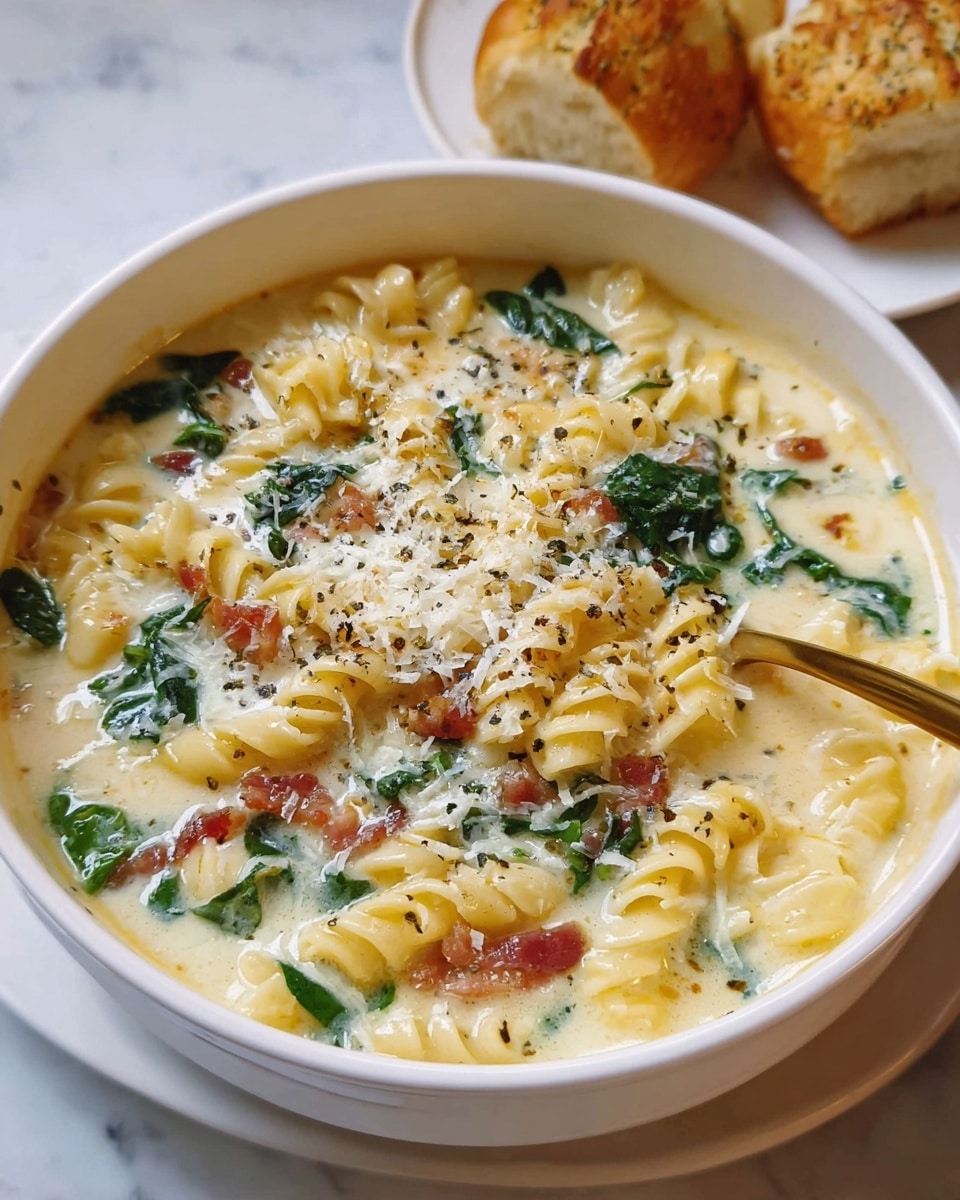 A white bowl filled with creamy soup that has spiral pasta, small bits of browned meat, and fresh chopped green herbs mixed throughout. The soup looks thick and rich, with a light yellow color from the cream and pasta. On top, there is a sprinkle of finely grated cheese and black pepper giving texture and contrast. A golden spoon is placed inside the bowl on the right side. In the background, there are pieces of toasted bread sitting on a white plate on a round wooden tray, all placed on a white marbled surface. photo taken with an iphone --ar 4:5 --v 7