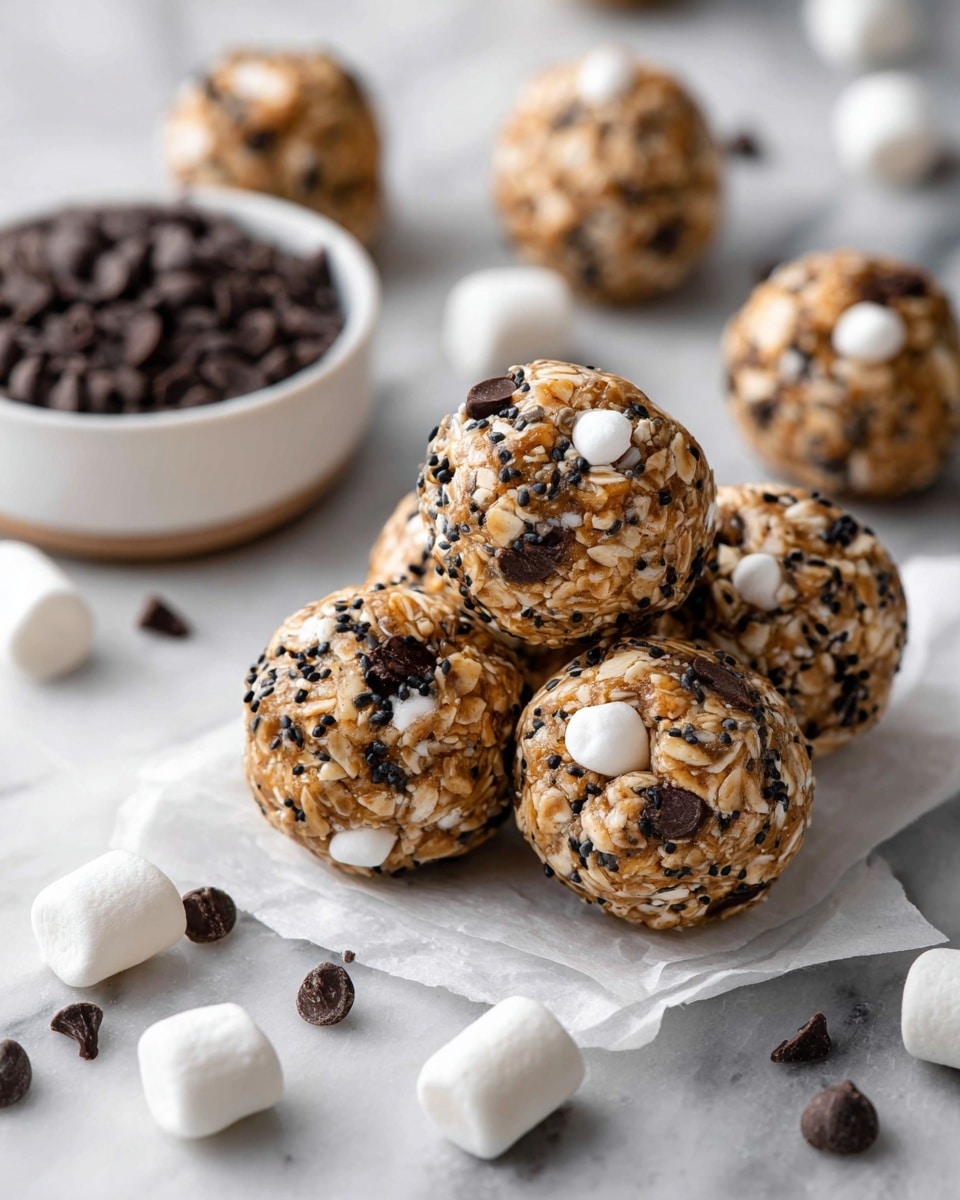 A close-up of several round energy balls made with oats, chia seeds, small white bits, and dark chocolate chips, all mixed in a light brown dough, placed on white parchment paper over a white marbled surface. The energy balls have a textured surface showing the oats and seeds clearly. Scattered around them are small white mini marshmallows and dark chocolate chips. In the background, there is a white bowl filled with more dark chocolate chips, slightly out of focus. The lighting is soft and natural, highlighting the texture and colors. photo taken with an iphone --ar 4:5 --v 7