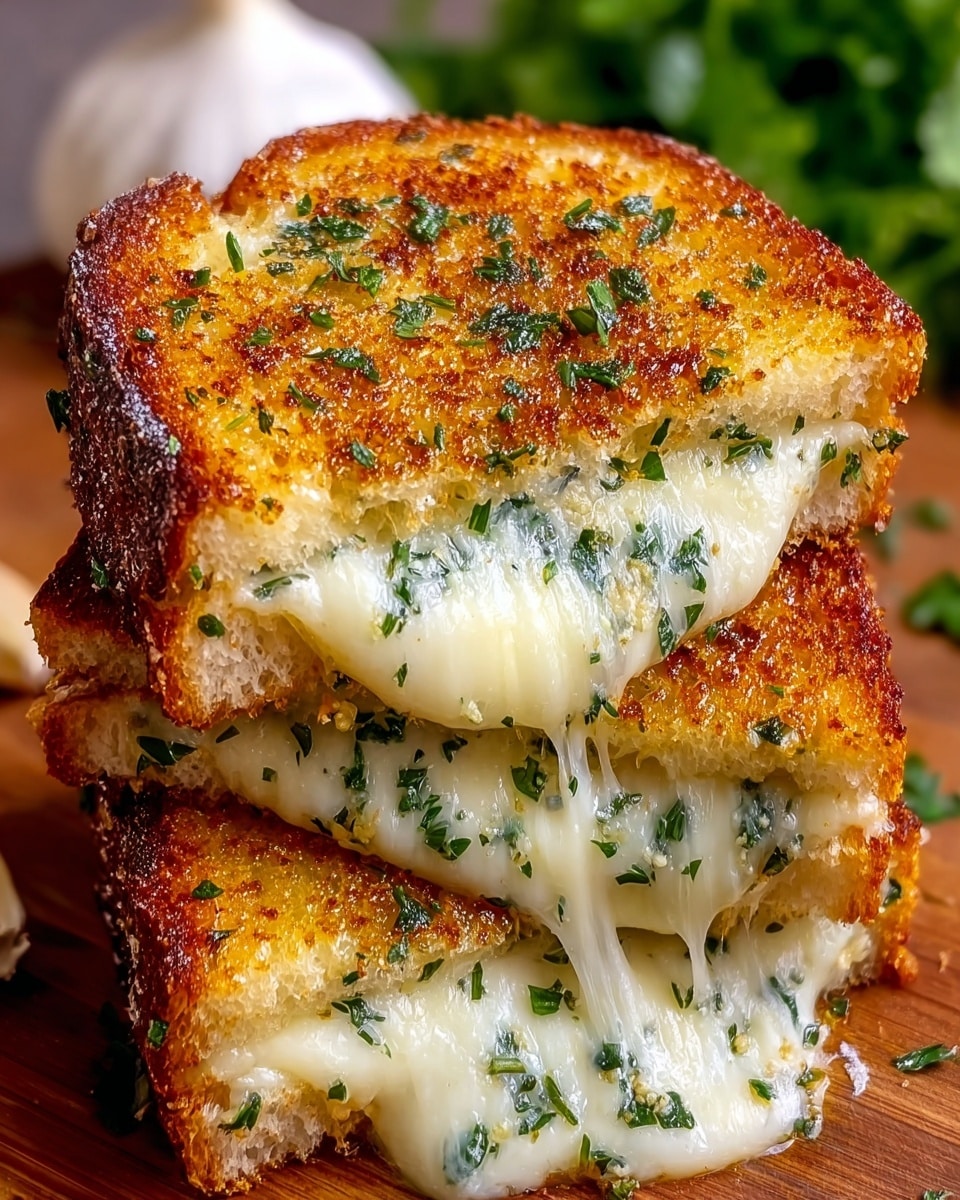 A close-up shot shows a grilled cheese sandwich cut into a triangle shape and stacked with two visible layers. The outer bread layers are golden brown with a crispy texture and sprinkled with finely chopped green herbs. Between the bread layers, thick melted cheese oozes out, mixed with small bits of herbs, showing a creamy white color with some light golden spots. The sandwich is placed on a wooden board with a blurred white marbled texture background and some green blurred shapes. Photo taken with an iphone --ar 4:5 --v 7