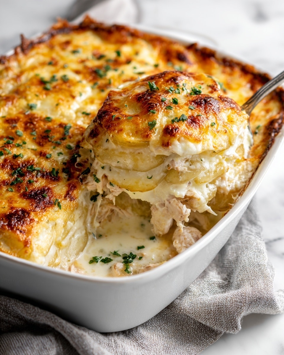 The image shows a close-up view of a white baking dish filled with a creamy layered potato casserole topped with melted golden-brown cheese and sprinkled with finely chopped green herbs. The top layer is bubbly and slightly browned, with a smooth and cheesy texture. Underneath, there are thin layers of soft white potato slices visible through the creamy sauce, creating a mix of white and pale yellow tones with some herbs and black pepper spread evenly. A silver serving spoon is scooping out a portion, lifting a cheesy, creamy layer of potatoes. The dish rests on a white marbled surface with a textured gray cloth partially visible on one side. Photo taken with an iphone --ar 4:5 --v 7