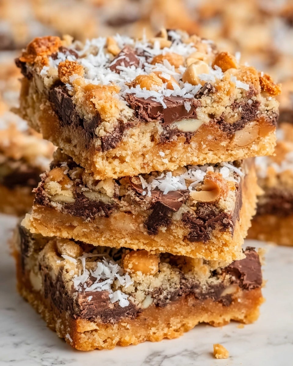 The image shows a stack of three thick squares of dessert bars. Each bar has a golden brown base layer, looking crumbly and dense. Above the base, there is a thick layer filled with large dark brown chocolate chunks and orange peanut pieces mixed in. The top layer is covered with crushed nuts, mostly light brown, and small white coconut flakes scattered all over. The layers look rich and textured, and the bars have slightly rough edges. The background is a white marbled surface. Photo taken with an iphone --ar 4:5 --v 7