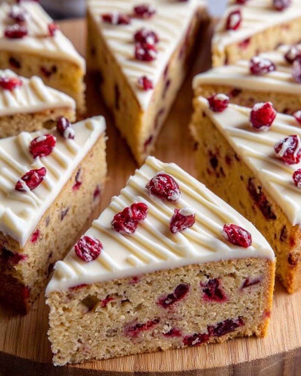 The image shows several triangular slices of a layered dessert arranged on a wooden surface over a white marbled background. Each slice has two layers: the bottom layer is light brown and looks like a soft cake with pieces of dark red dried berries inside it, and the top layer is thick white icing with smooth texture. The icing is decorated with thin white drizzle lines across the surface and sprinkled with small dark red dried berries on top. The edges of each slice are clean and sharp, creating a neat, appetizing look. Photo taken with an iphone --ar 4:5 --v 7