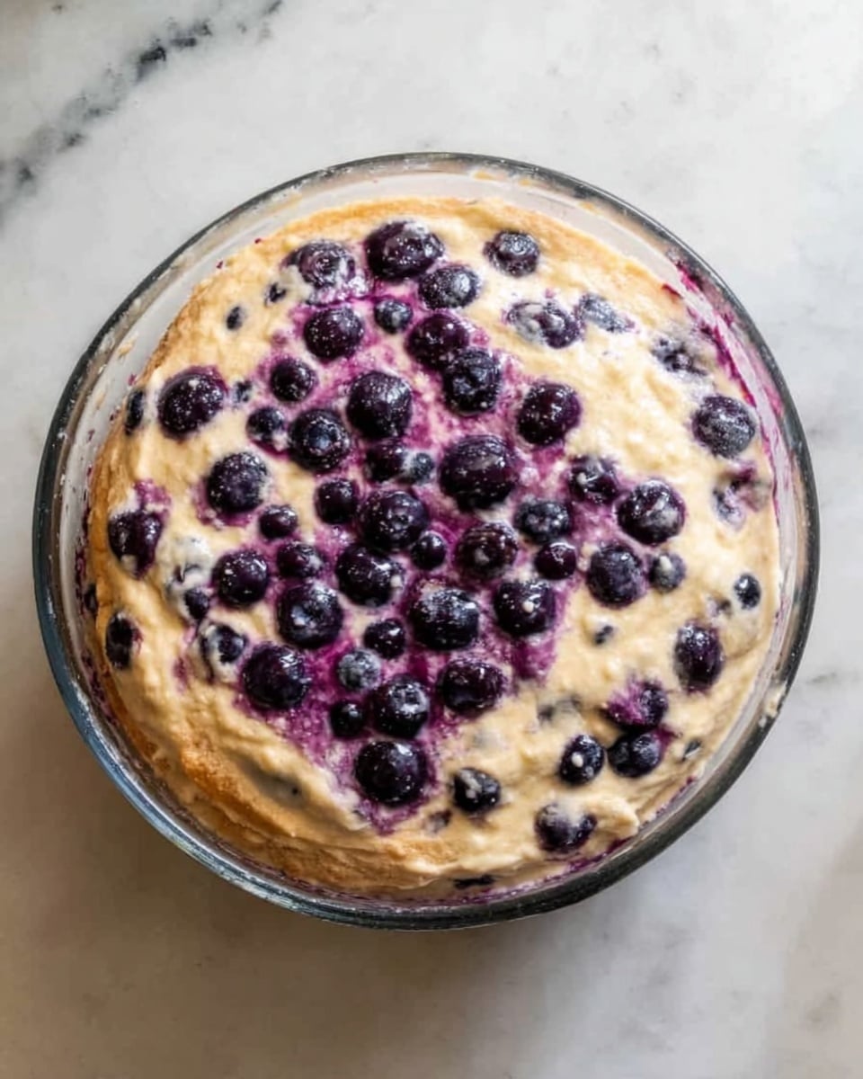 A round baked dish in a clear glass bowl, showing about three layers: the bottom layer is pale yellow and smooth, the middle layer has a mix of light and dark purple blueberry spots scattered throughout, and the top layer is golden brown with slightly cracked texture and whole berries peeking through. The bowl sits on a white marbled surface with soft, natural light highlighting the shiny, slightly crusty surface of the dish. photo taken with an iphone --ar 4:5 --v 7