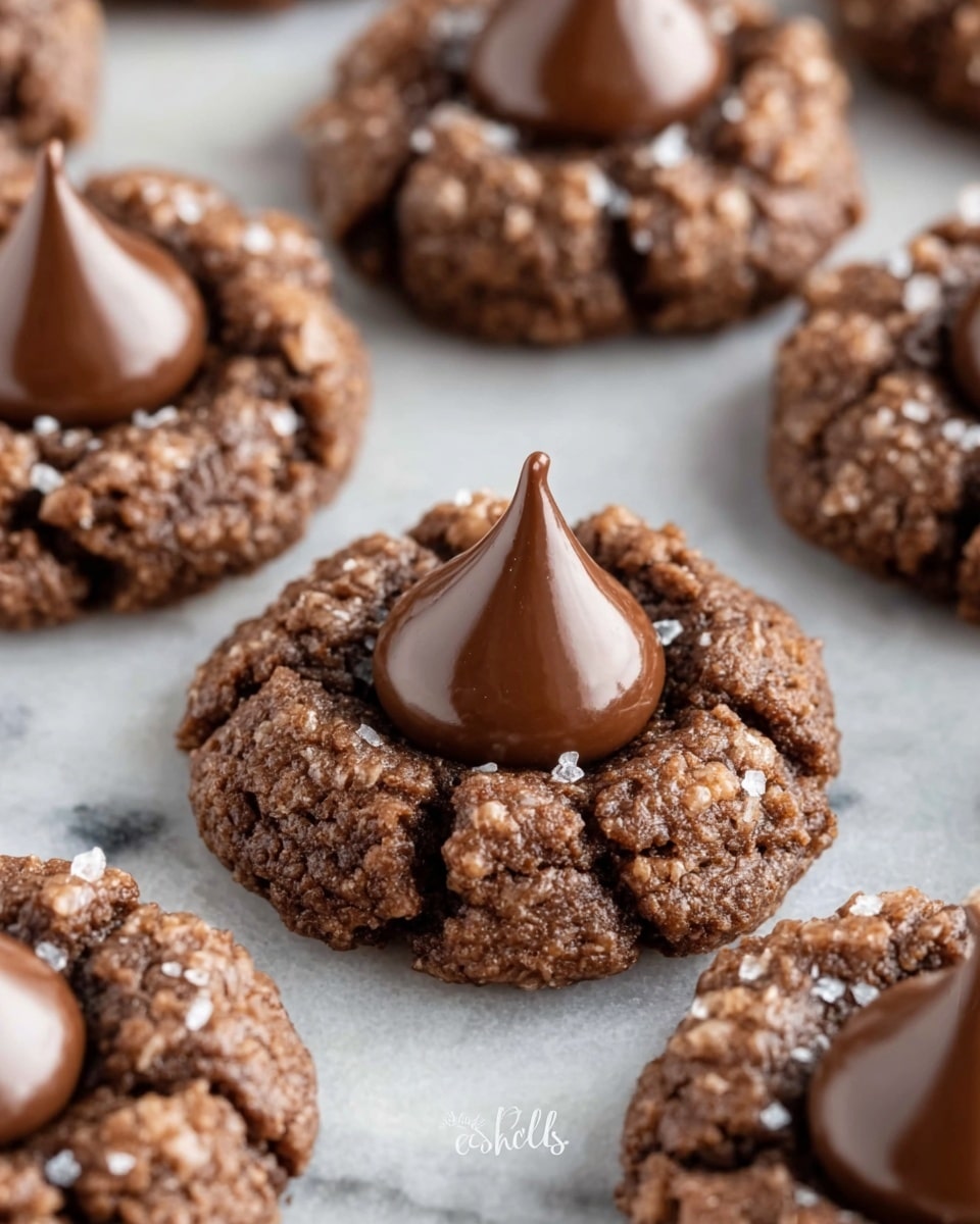 The image shows close-up views of several round cookies arranged closely on a white marbled surface. Each cookie has three visible layers: the outer ring is dark brown and crumbly with a rough texture resembling crushed nuts or sugar crystals, forming a thick border. Inside this border is a dense, chewy-looking dark brown chocolate base. On top at the center of each cookie is a single swirl of shiny milk chocolate, creamy and smooth, with a soft peak shape reminiscent of a chocolate kiss. The focus is sharp on the cookies, showing their textures clearly. Photo taken with an iphone --ar 4:5 --v 7