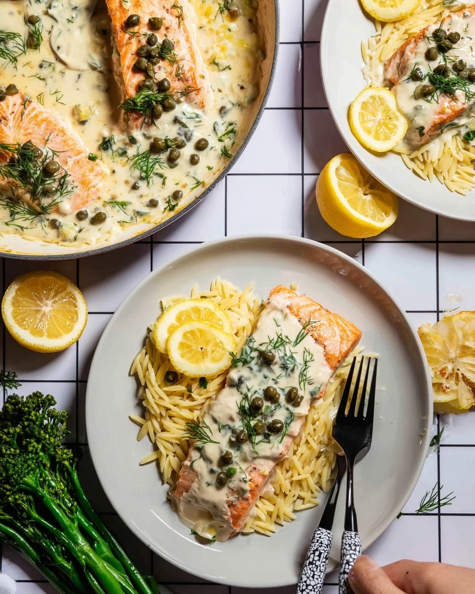 The image shows a meal served on a round white plate with layers clearly visible: the base layer is a bed of light yellow orzo pasta, topped with a piece of cooked salmon covered by a creamy white sauce with small green herbs and capers. On the side of the salmon lies a bunch of bright green broccolini. Above the plate, a round white pan contains more cooked salmon pieces in the same creamy sauce, garnished with slices of lemon and sprinkled green herbs. Two lemon slices are placed casually on a white marbled surface with a grid pattern. A woman's hand holds a tortoiseshell-patterned fork on the plate ready to eat. photo taken with an iphone --ar 4:5 --v 7