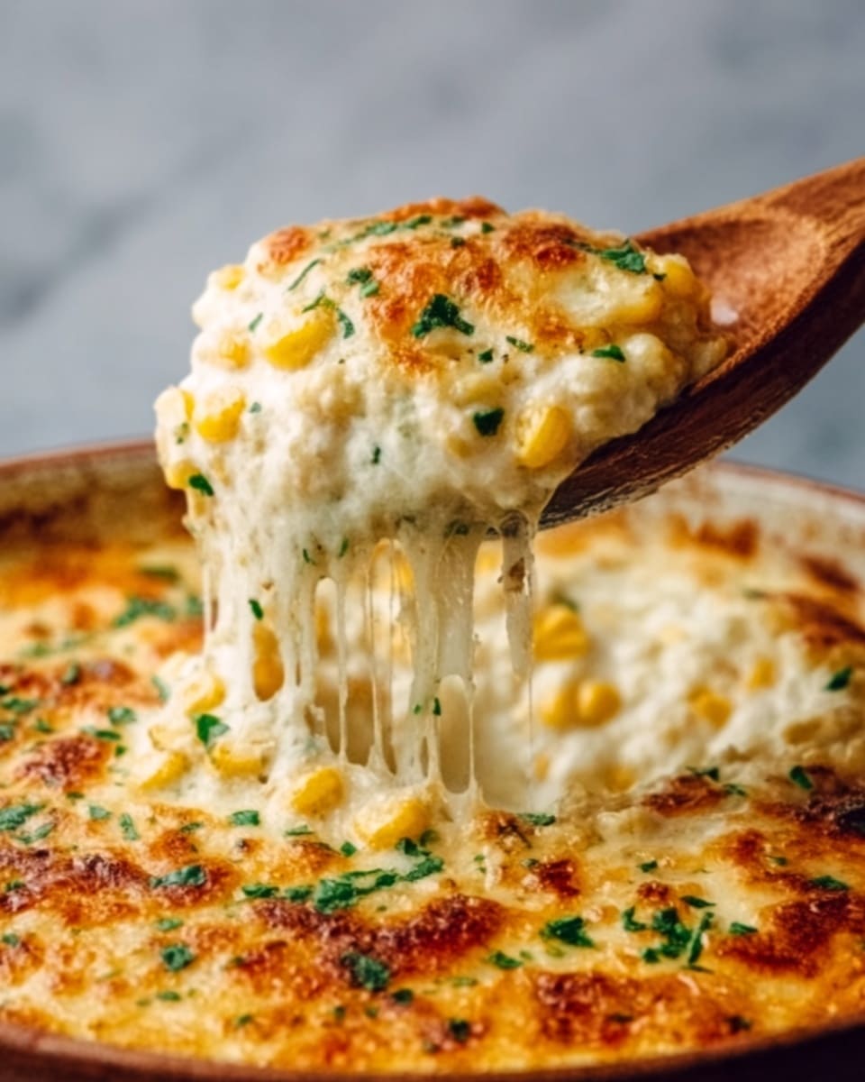 A close-up of a creamy, cheesy corn casserole being lifted by a wooden spoon, showing thick melted cheese stretching between the spoon and the dish. The top layer is golden brown with small bits of toasted cheese and herbs, beneath this is a soft, pale yellow corn layer with visible corn kernels mixed into a creamy white sauce. The dish is in a white ceramic baking dish, sitting on a white marbled surface. Photo taken with an iphone --ar 4:5 --v 7