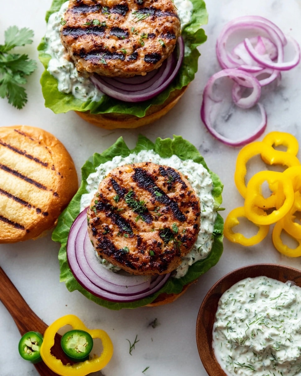 The image shows two grilled chicken burgers open-faced on a white marbled surface. Each burger has a bottom white bun topped with bright green lettuce leaves, thick slices of red onion, and a spread of creamy white sauce with green herbs. On top of the sauce sits a charred grilled chicken patty with visible herbs and dark grill marks. One upper white bun is placed next to the burgers, showing grill marks and a couple of yellow pepper rings on it. Around the burgers, there are extra thin rings of yellow peppers, sliced red onions, and slices of green jalapeño peppers. Photo taken with an iphone --ar 4:5 --v 7