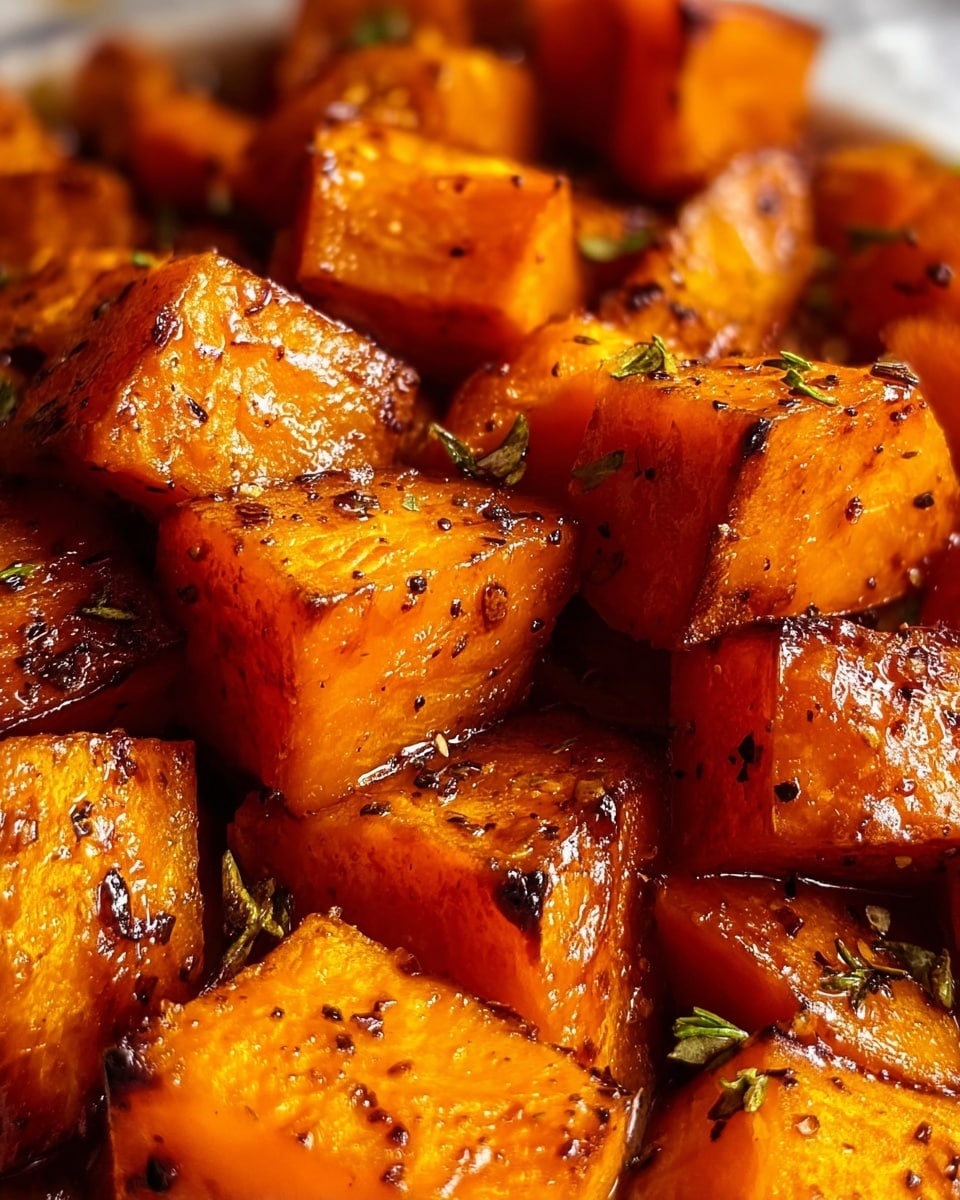A close-up view of roasted orange sweet potato cubes with a shiny, caramelized surface showing a mix of crispy and soft textures, each piece coated in a glaze with small black pepper specks and some yellow zest scattered unevenly across them, filling the entire frame with vibrant warm tones and a slightly charred look on the edges, all set against a white marbled texture. photo taken with an iphone --ar 4:5 --v 7