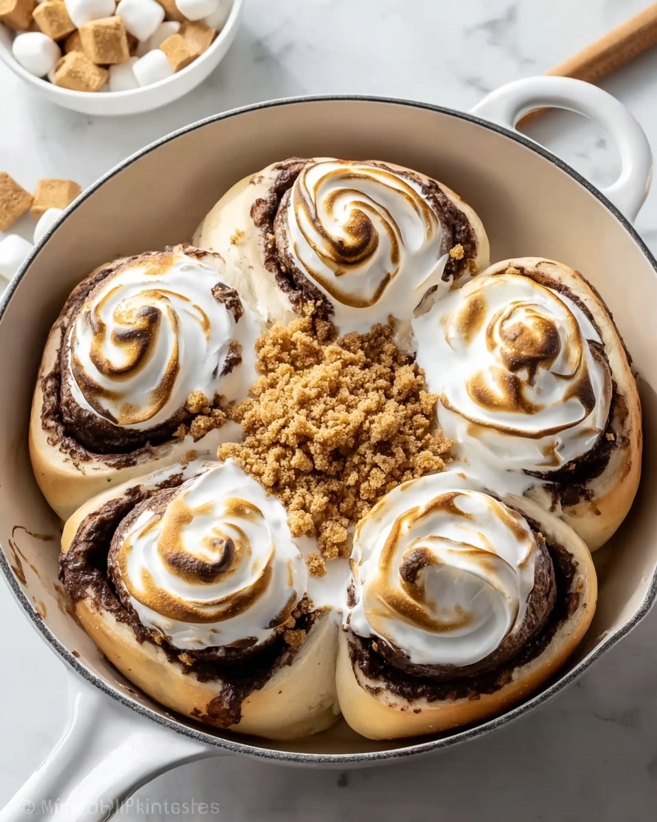 The image shows a white pan filled with five soft, round rolls arranged in a circle. Each roll is swirled with a dark chocolate layer and topped with a smooth, glossy white frosting that looks like toasted marshmallow, with golden brown edges. The center of the pan has a small pile of crumbled light brown crumbs. The pan is placed on a white marbled surface, and in the corner, a white bowl is partly visible with light brown pieces inside. The overall look is warm and inviting, highlighting the contrast between the dark chocolate swirls and the white frosting. Photo taken with an iphone --ar 4:5 --v 7