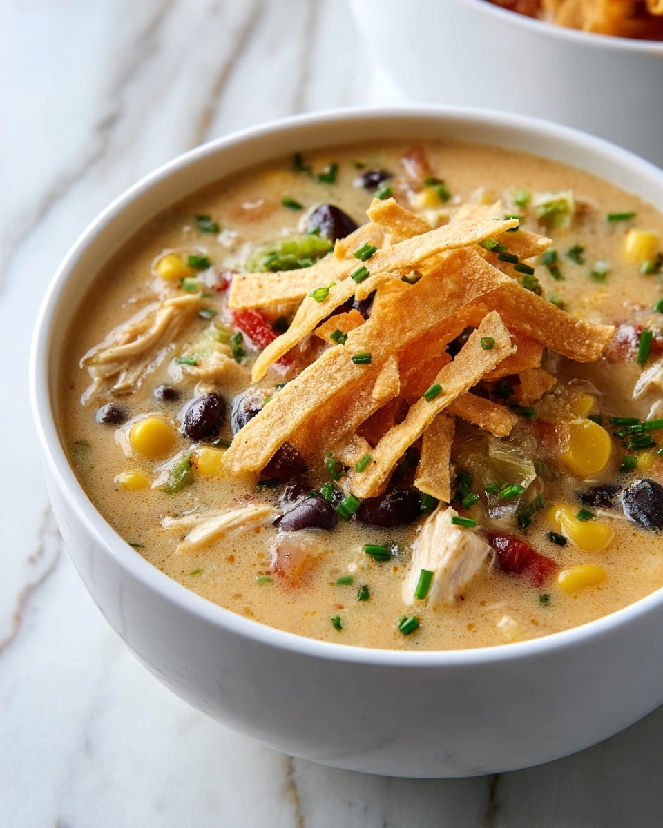 A white bowl filled with creamy chicken soup with a light beige broth as the base. Inside the soup, there are shredded pieces of white chicken, yellow corn kernels, black beans, small chunks of red tomatoes, and green bell pepper pieces. On top of the soup, there is a layer of thin, crispy, light golden strips, sprinkled lightly with black pepper and finely chopped green onions. The bowl is placed on a wooden surface with another white bowl blurred in the background, all set against a white marbled texture. Photo taken with an iphone --ar 4:5 --v 7