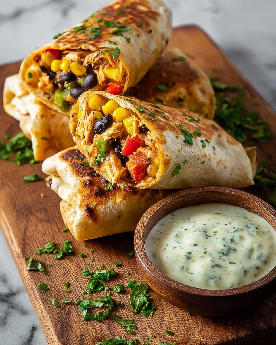 The image shows three grilled burritos placed on a wooden board with a white marbled background. Each burrito has a golden-brown, crispy outer layer sprinkled with chopped green herbs. One burrito is cut in half, revealing colorful layers inside: bright yellow corn, black beans, red bell peppers, and shredded chicken mixed with small green herbs. To the right of the burritos is a small round brown bowl filled with a creamy white sauce that has visible green herb flecks. Some green herb leaves are scattered around the board, adding a fresh touch. photo taken with an iphone --ar 4:5 --v 7